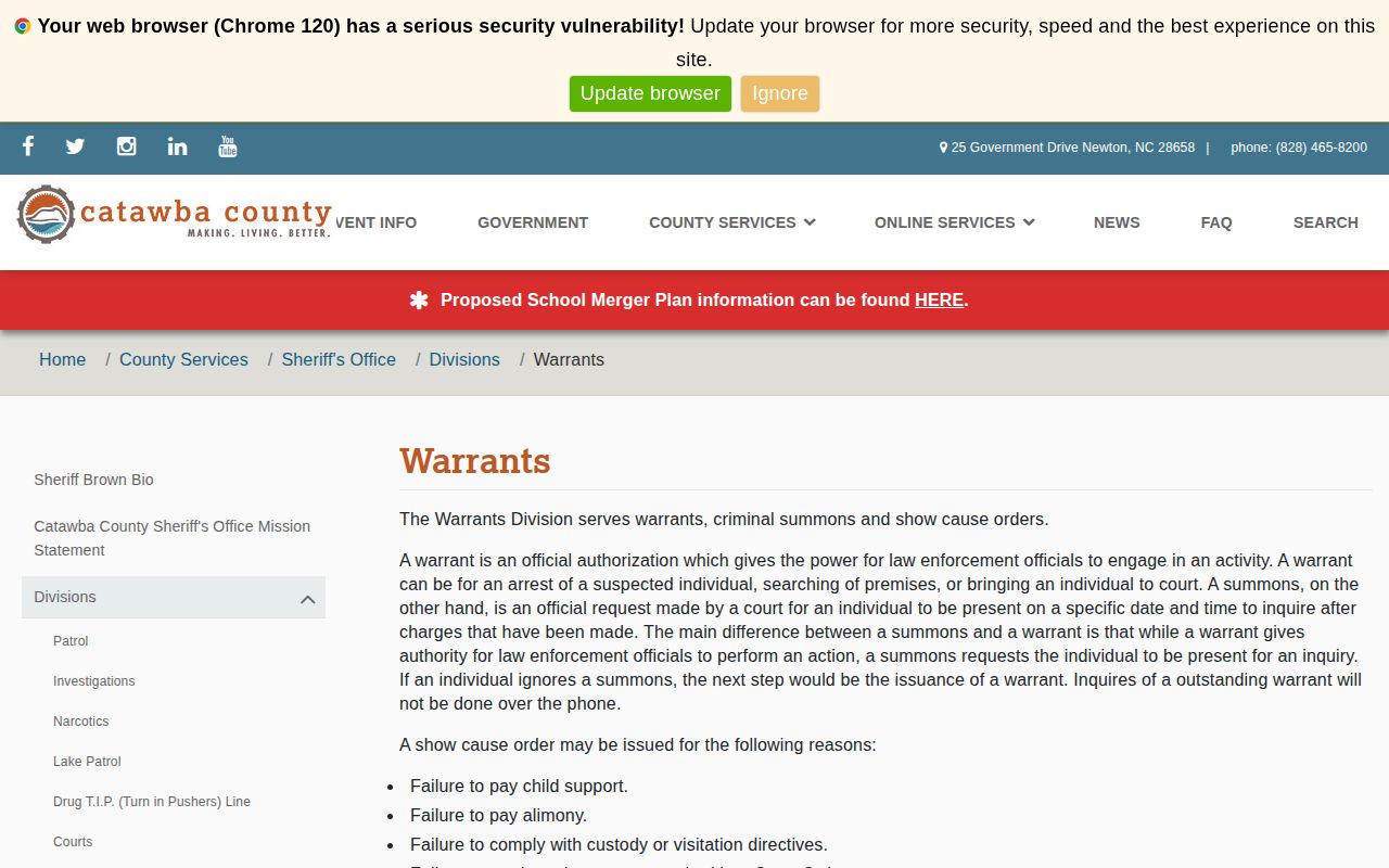 Catawba County Sheriff's Warrants Division information page