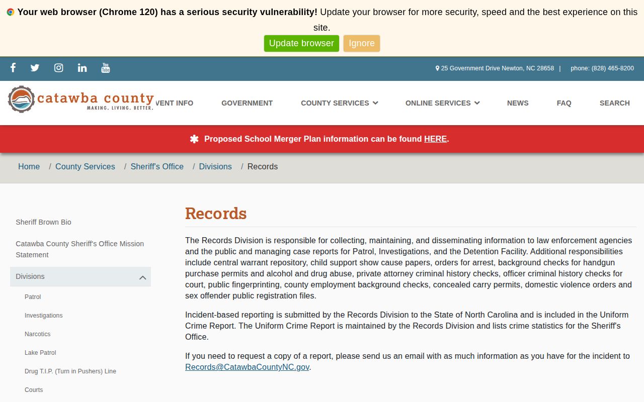 Catawba County Sheriff's Records Division contact page