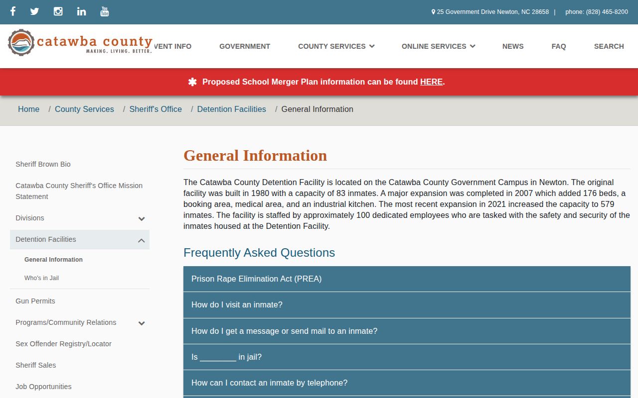 Catawba County Detention Facility official general information page