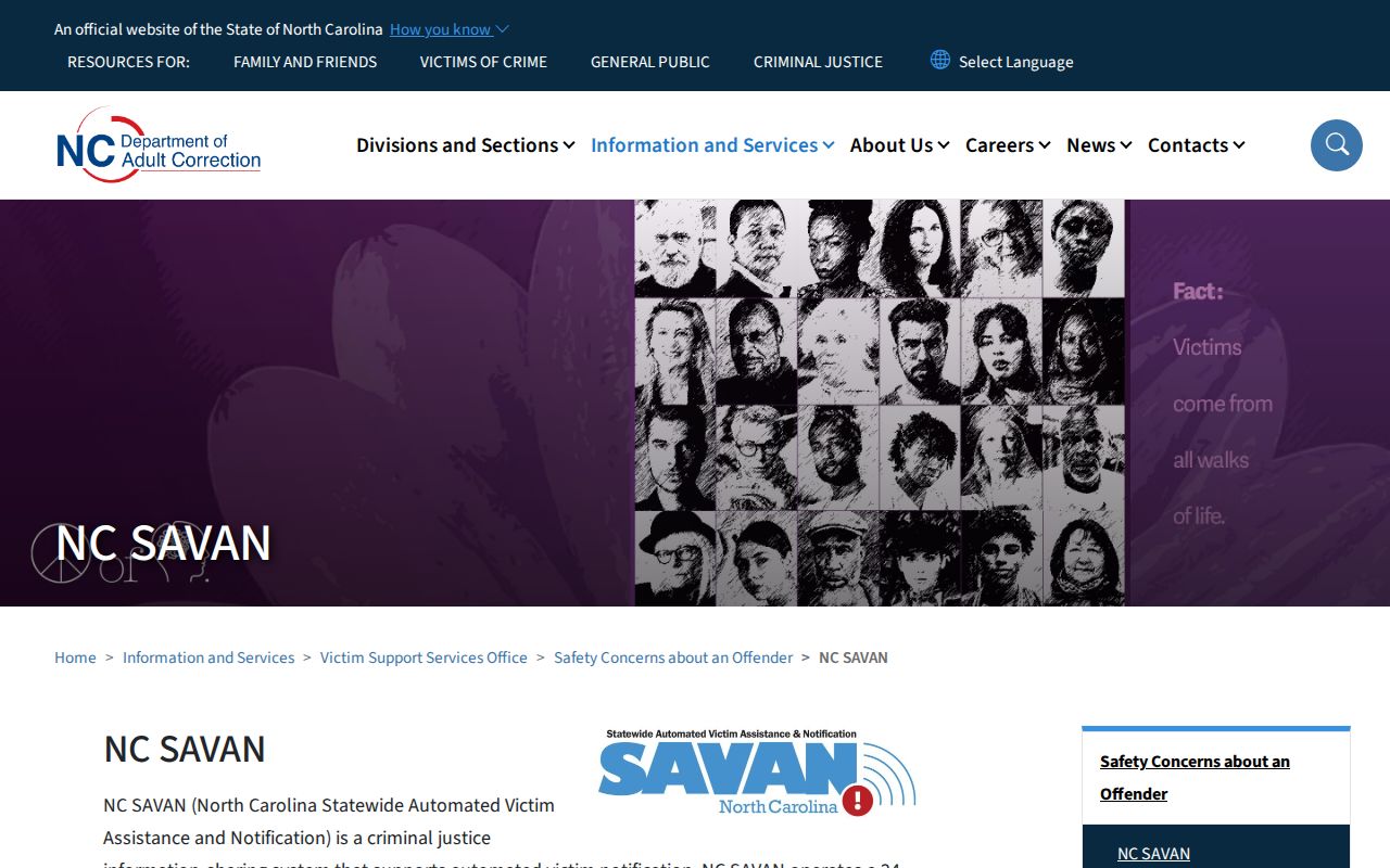 North Carolina SAVAN official custody notification program page