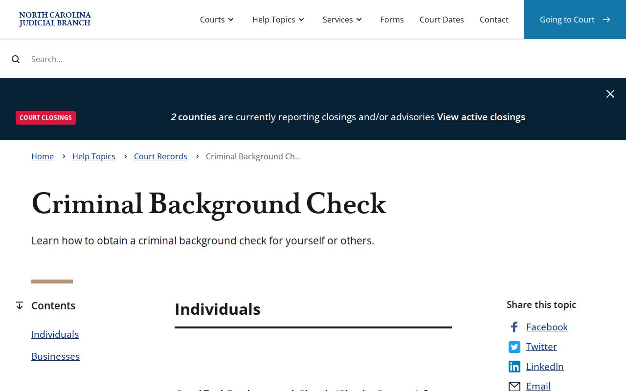 North Carolina Judicial Branch court record verification page