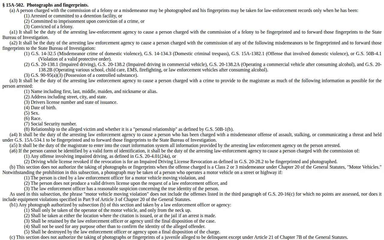 North Carolina General Statute 15A-502 official text